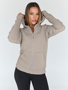 Sudadera con Capucha y Cierre Completo para Mujer, Corte Regular, Color Sólido, Tejido de Algodón y Fibra de Bambú, Ropa de Otoño - Product Image 3