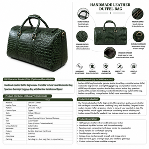 Handmade Genuine Leather Crocodile Embossed <b>Duffel</b> <b>Bag</b> Luxury Weekender Travel <b>Bag</b> Overnight Gym Carry Luggage <b>Bag</b> - Product Image 6