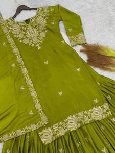 Women's <b>Green</b> <b>Silk</b> Traditional Indian/Pakistani Ethnic Kurti Sharara Suit Mirror Work Embroidery Quick Dry Fabric for Wedding - Product Image 5