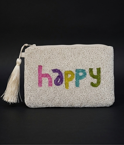 Beaded Tassel <b>Pouch</b> With Happy Embroidery Multicolor Letters Cream Background - Product Image 4