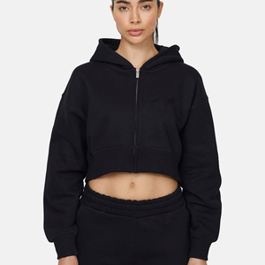 Sudadera con Capucha Corta Negra para Mujer, con Cierre de Cremallera, Forro Polar, Color Sólido, Ropa Casual de Otoño - Product Image 1