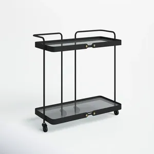 Modern <b>Black</b> Metal Serving Cart with Glass Shelves 27x13 Inch Minimalist Design for Party Storage - Product Image 3