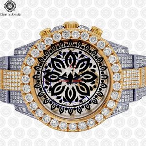 Charm_Jewells Luxury Gold Case Diamond Encrusted <b>Chronograph</b> Watch Analog Mechanical Movement Round Unisex Stainless Steel Band - Product Image 2