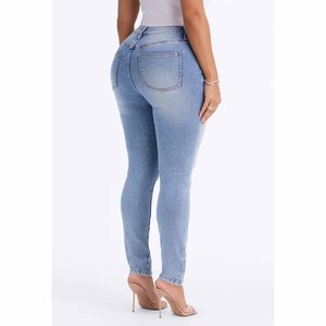 Jean en denim taille haute coupe skinny avec panneau latéral rayé, longueur intégrale, bleu délavé, style décontracté - Product Image 2