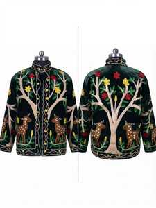 Vintage Embroidered <b>Velvet</b> <b>Jacket</b> <b>Women</b> Stand Collar Button Floral Long Sleeve Coat - Product Image 3