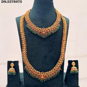 Traditional South <b>Indian</b> Temple Long Bridal Necklace Set Alloy Gold Plated Zircon Earrings Vintage Wedding Anniversary Party - Product Image 1