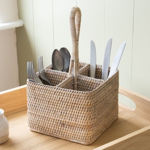 Outdoor dinner <b>table</b> decor rattan silverware <b>caddy</b> natural wood utensil holder flatware holders - Product Image 1