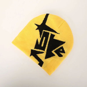 Wholesale Custom Big Mea Culpa Y2K All Over Logo Print No Cuff Jacquard Bonnet Knit Winter <b>Hat</b> Beanie Cap - Product Image 2