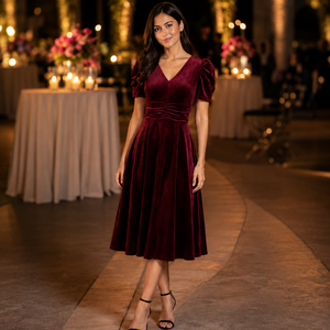 Vestido Midi de Terciopelo Borgoña para Mujer, Cuello en V, Manga Abullonada |   Vestido de fiesta con cintura fruncida, línea A, elegante, vintage, a la moda. - Product Image 4