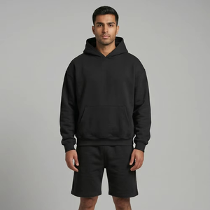 Men's Black Hooded Fleece Sweatshirt With Shorts Casual Autumn <b>Set</b> Solid Color <b>Knitted</b> Fabric - Product Image 3