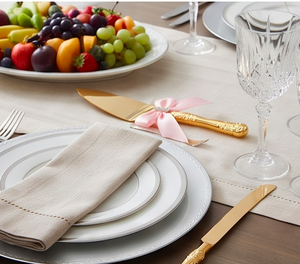Juego de cuchillo y espátula para pastel dorados, 2 piezas, con mango de lazo rosa, herramientas metálicas para cortar pasteles, para fiestas - Product Image 5