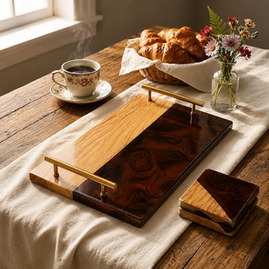 Modern Flexible Wood and Green Resin Rectangle <b>Serving</b> <b>Tray</b> <b>with</b> Metal <b>Handle</b> Single Tier for Bathroom Kitchen & Living Room - Product Image 6