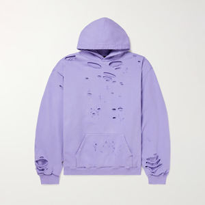 เสื้อฮู้ดดี้ผู้ชายสไตล์วินเทจแบบครอป ทรงหลวม ล้างสีแบบแอซิดวอช แต่งรอยขาด ทำสีซีดแบบซันเฟด และลายสาดสี ไม่มีเชือกผูก - Product Image 1