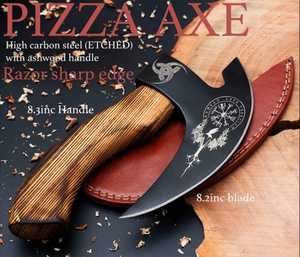 Custom Handmade High Carbon Steel Black Coted Pizza Cutter Premium Wooden Handle Kitchen Axe with Genuine Leather Sheath - Product Image 2
