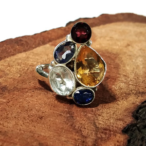 Natural Citrine Garnet Blue Kyanite White Topaz Multi Gemstone 925 Sterling Silver Bohemian Style Certified Statement <b>Ring</b> - Product Image 4