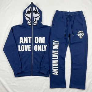 Ensemble 2 pièces décontracté pour homme, hiver, en coton épais 100%, avec sweat à capuche uni et pantalon de jogging empilé, respirant et effet vieilli - Product Image 3