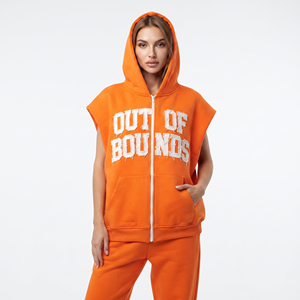Women's Loose Fit Sleeveless Hoodie Front <b>Zip</b>-up Cotton Hoodies Women Distressed Embroidered Sleeveless Zipper <b>Hood</b> - Product Image 1