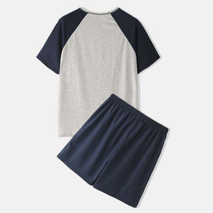 Conjunto Casual de 2 Piezas Unisex, 100% Algodón, Top de Cuello Redondo, Pantalones Cortos Azul Marino con Cordones, Corte Holgado, Transpirable, Tejido de Punto, Primavera Verano - Product Image 4