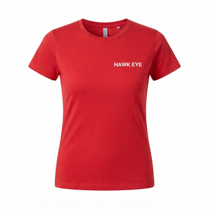 T-shirt rouge à col rond pour femme, manches courtes, coupe ajustée, 100 % coton jersey tricoté, décontracté, imprimé lettres, logo Hawk Eye, printemps-été - Product Image 5