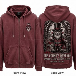 Premium Burgundy Acid Wash Hoodie Men Custom Dark Satire Graphic Zip Up Heavyweight Streetwear Hoody Clothing Manufacturer - Product Image 1