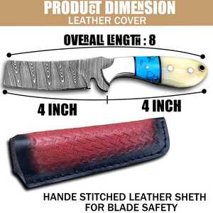 Custom Handmade Damascus Steel <b>Knife</b> | Fixed Blade Hunting & Camping <b>Knife</b> with Turquoise & <b>Bone</b> <b>Handle</b> Embossed Leather Sheath - Product Image 2