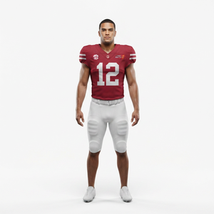 Custom Men's American Football Uniform Set Crimson Mesh Jersey and White Pant Sewn Twill Numbers OEM Sialkot Factory - Product Image 1