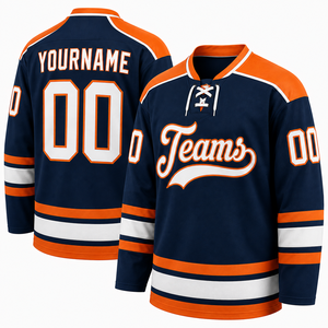 Maillot de hockey sur glace personnalisé bleu marine et orange, uniforme d'équipe, maillot de sport à manches longues, col en V, design avec nom et numéro, rayé, vente en gros - Product Image 3