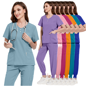 เสื้อยืดแขนสั้นผ้าโพลีเอสเตอร์ทอลายพร้อมกระเป๋า รุ่นใหม่ แฟชั่น unisex + กางเกงจ็อกกิ้ง ชุดยูนิฟอร์มแพทย์ พยาบาล ชุดทำงาน - Product Image 6