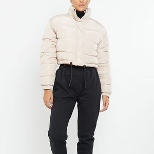 <b>Women's</b> <b>Beige</b> Quilted Puffer <b>Jacket</b> Stand Collar Full Sleeve Winter Short Length Zipper Closure Thick Polyester Wadding <b>Jacket</b> - Product Image 3
