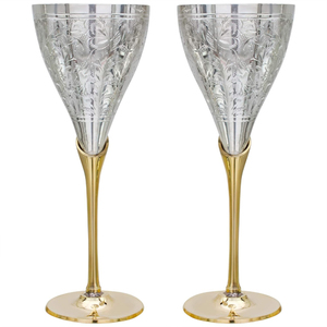 Copa de Vino de Latón Plateado con Grabado Floral Intrincado, Copas de Vino de Metal de Lujo con Tallo Largo Dorado, Artículos de Barra de Estilo Real Hechos a Mano - Product Image 1