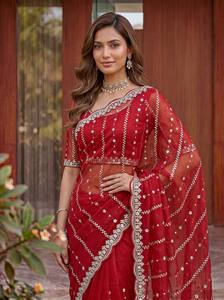 <b>Red</b> Silk Saree with Silver Embroidery Border and Matching <b>Blouse</b> for Wedding Occasion Women's Traditional Floor-Length Sari - Product Image 3