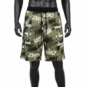 Shorts de malla transpirable para hombre, 150 GSM, poliéster, verde oliva, negro, blanco, estampado de grafiti, sublimación, logotipo personalizado, shorts de malla para hombre - Product Image 6