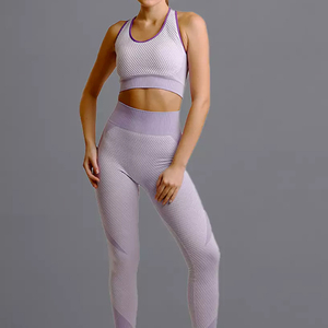 Women's Seamless High Waist Full Length Leggings Solid Lavender <b>Mesh</b> Yoga Set Racerback <b>Crop</b> <b>Top</b> Breathable Sportwear - Product Image 1