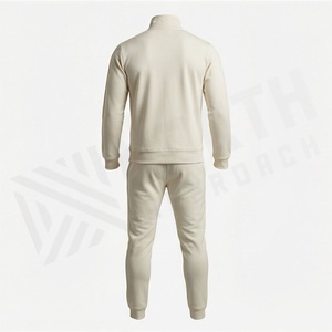 Survêtement Homme Crème à Fermeture Éclair Intégrale, Couleur Unie, Sportswear Décontracté avec Poches Latérales, Col Montant, Coupe Droite, Idéal Automne - Product Image 2