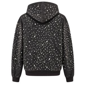 Black Pearl Full <b>Zip</b> <b>Hoodie</b> Luxury Crystal Studded Streetwear Jacket Long Sleeve Hooded Sweatshirt With <b>Pockets</b> - Product Image 2