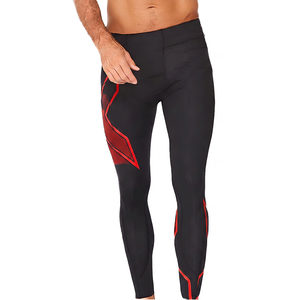 Men's Black Full Length Compression <b>Leggings</b> with Gold Print Pattern Breathable Elastic Waist Spandex <b>Polyester</b> Material - Product Image 2