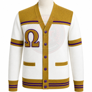 Custom fraternity Omega Greek Letter <b>Cardigans</b> <b>Sweaters</b> White Gold Purple Chenille Embroidery Women's V-Neck Varsity Knitwear - Product Image 1