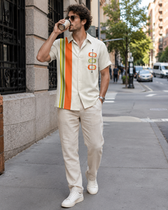 Chemise tendance à rayures blanches crème avec boutons, design graphique d'inspiration rétro et coupe décontractée pour l'été - Product Image 6
