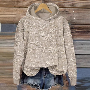 Sudadera con Capucha Floral en Relieve para Mujer, Tejida, Manga Larga, Casual, Otoño, Beige, Ajuste Regular, Mezcla de Algodón, Estilo Bohemio - Product Image 1