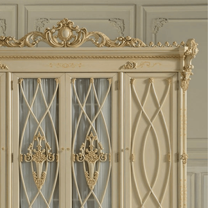 Premium French Classic Mahogany Wood <b>Wardrobe</b> Ivory Finish Upholstered Panel Gold Detail Closet Elegant Furniture Customized - Product Image 5
