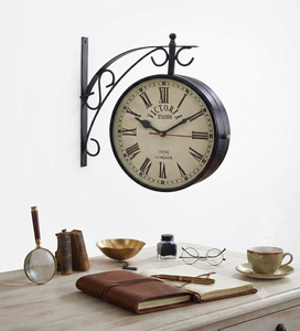 Double Sided Vintage Station Wall <b>Clock</b> One Side Roman Numeral Dial Other Side Analog 30mm Thick Metal Quartz <b>Battery</b> Powered - Product Image 2
