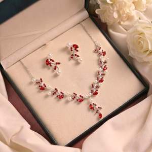 Hallmark Silver Sadabahar Red Ethnic Jewelry Set-Platinum Gold Plated Zircon & Natural Stone - Product Image 1