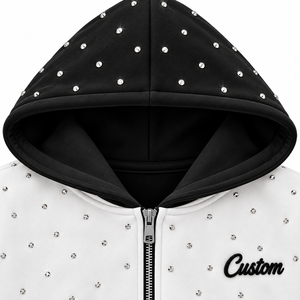 Nouveau style – Sweat à capuche unisexe personnalisé, coupe oversize, avec strass et blocs de couleur, zippé, tricoté, décontracté, pour l'hiver, blanc et noir – Vente chaude - Product Image 5