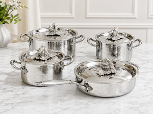 Stainless Steel Luxury Cookware Set 4-Piece Polished Finish European Design with Vegetable Lid Handmade Oven Safe - Product Image 1