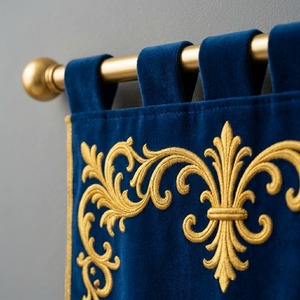 3D Embroidery Blue Velvet 380g Eyelet <b>Curtain</b> <b>Panel</b> Gold Floral Embroidery Rod Pocket Custom Brand Design - Product Image 4