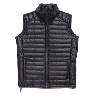 Gilet matelassé sans manches en similicuir noir pour homme, col montant, chaud et rembourré pour l'hiver – Vente en gros personnalisée - Product Image 4