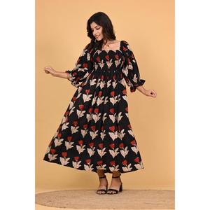 Robe longue en coton imprimée à la main pour femme, style bohème, coupe trapèze, taille élastique, pour l'automne et l'été, tenue décontractée quotidienne - Product Image 5