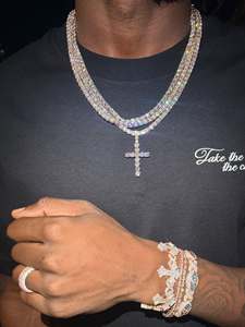 Conjunto de Collar, Pulsera y Anillo con Colgante de Cruz de Moissanita Chapado en Oro y Plata, Cadena de Eslabones Cubanos, Estilo Hip Hop, Certificado GRA, para Hombres y Mujeres - Product Image 6