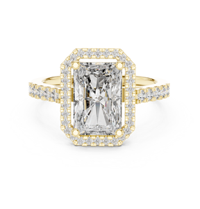 Anillo de compromiso de oro amarillo con diamante de corte ovalado y halo, joyería de boda con acento de diamante redondo brillante y corte radiante - Product Image 3