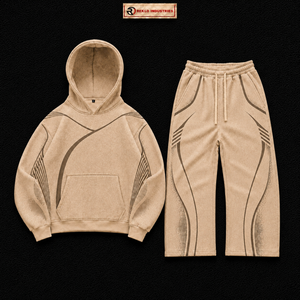 Ensemble de survêtement beige personnalisé pour homme, sweat à capuche oversize et pantalon de jogging, motif lignes géométriques, streetwear, sportswear, vente en gros - Product Image 5